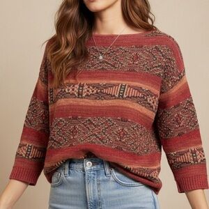 Chaps Southwestern Aztec Knit Sweater Red Orange Boat Neck 3/4 Sleeve Small